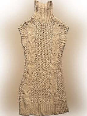 JJ Basics Sleeveless Cable-Knit Turtleneck Sweater Dress in Beige